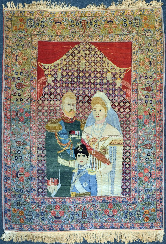 Антикварный ковёр Керман с изображением семьи Романовых, размер 137x188 см, ручная работа
